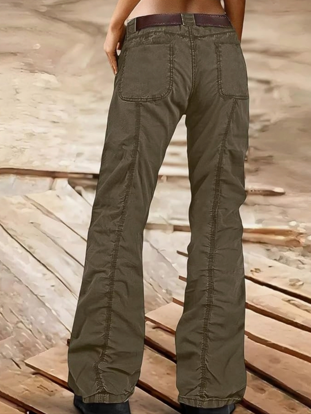 Flamingals Mid-Rise Straight Leg Cargo Exposed Stitch Pants, Brown Med - Picture 3 of 13